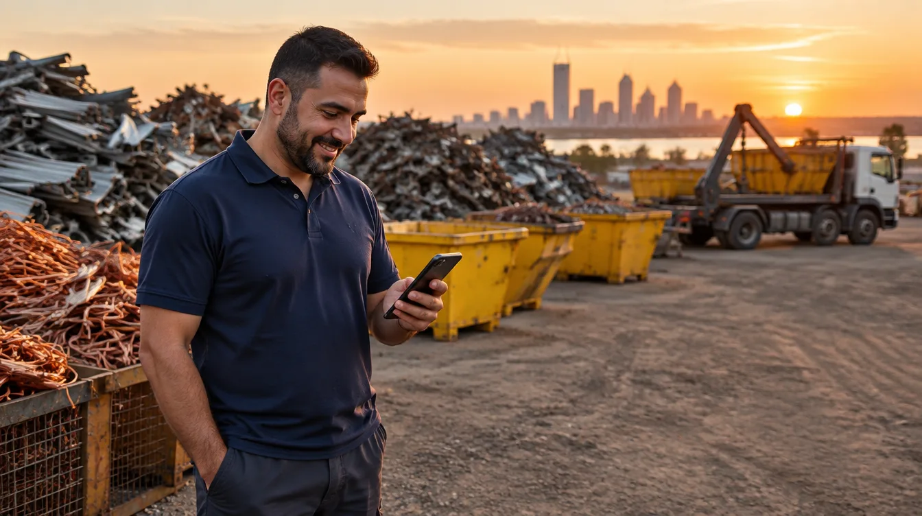 A scrap yard owner smiling at his phone at sunset, skip bins and a hook-lift truck behind him