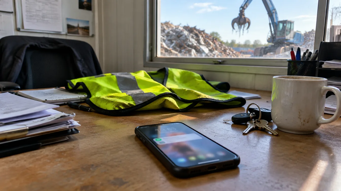 A phone lighting up with a new message on an empty desk in a scrap yard site office