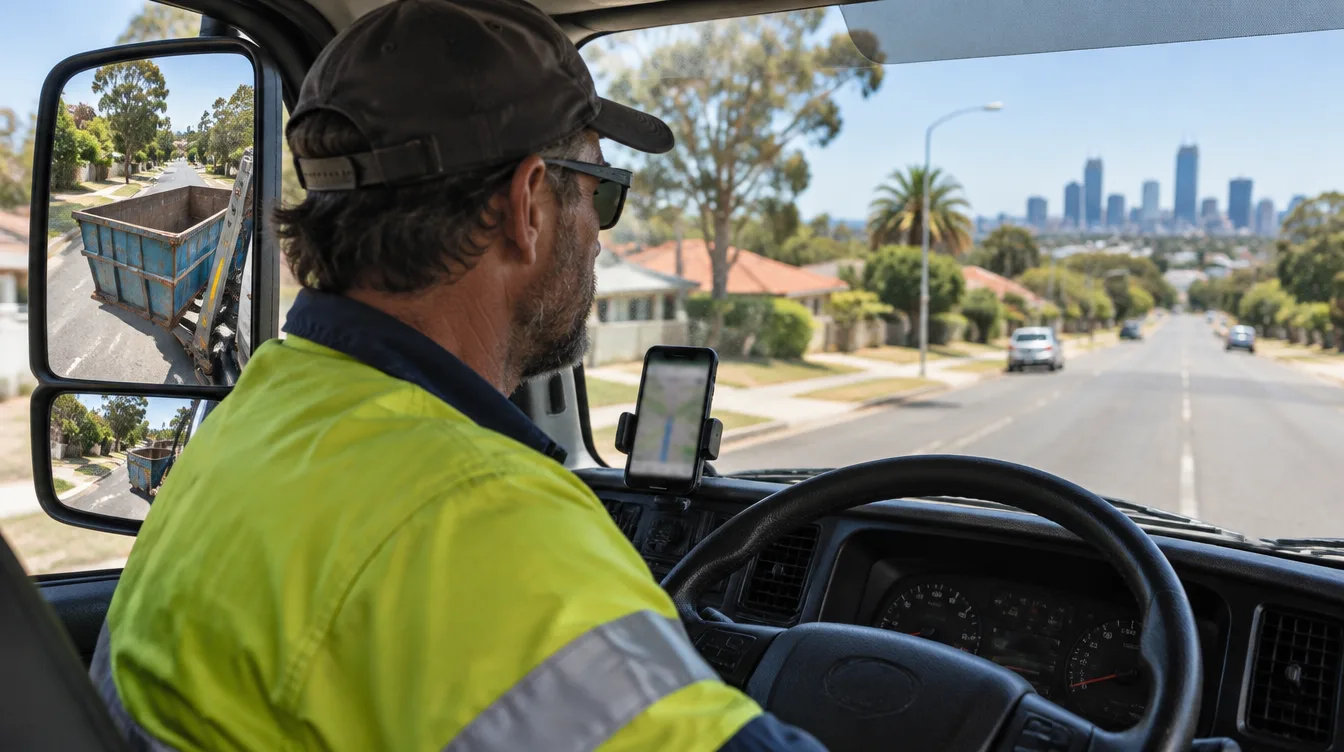 A truck driver in hi-vis checking his phone on the dash, driving a skip bin truck through a Perth suburb