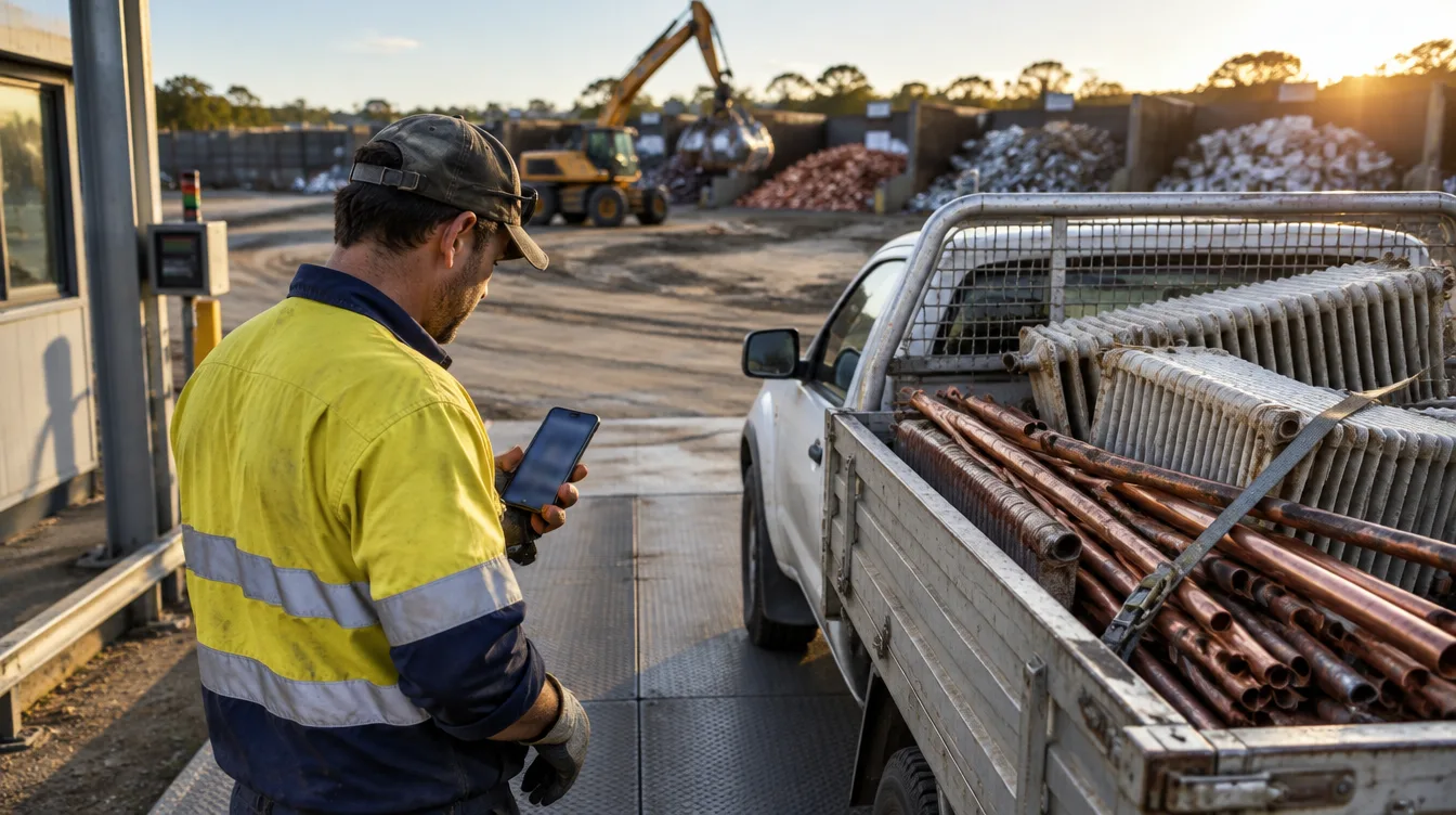 A yard worker in hi-vis checking his phone next to a ute loaded with copper pipe at the weighbridge