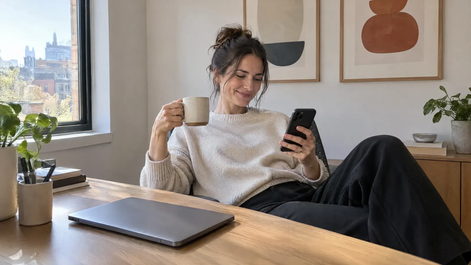 A woman leaning back at her desk with a coffee, smiling at her phone, laptop closed